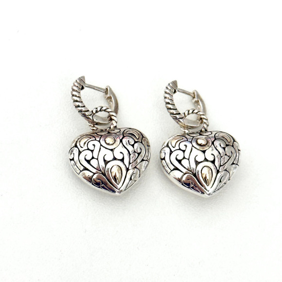 925 Sterling Silver & 14K Gold Puffy Heart Openwork Filigree Scroll Earrings - Picture 11 of 16